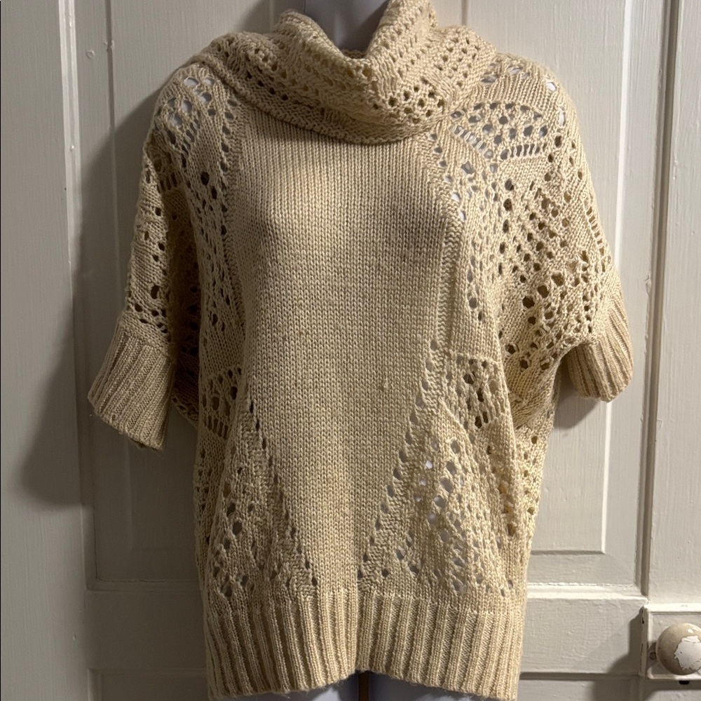Women's Cream Short Sleeve Cowl Neck Dolman Crochet Knit Sweater
